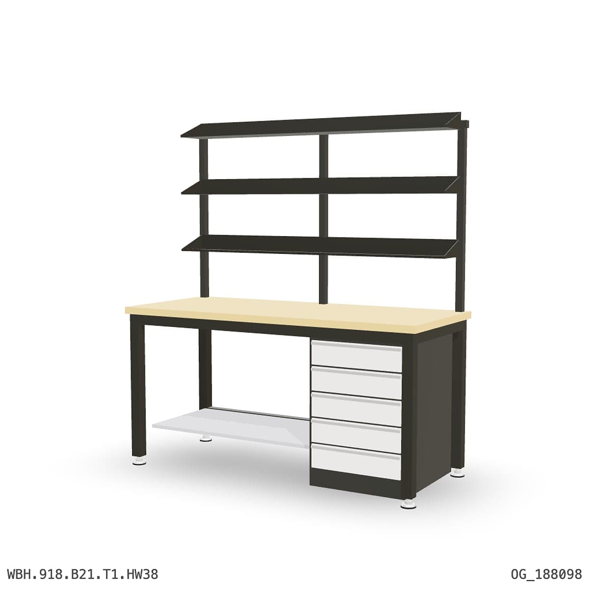 Heavy Duty Workbench 1800mm — Hardwood Oak 38mm, under-bench storage + overhead shelving by Boscotek